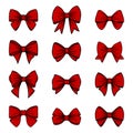 Vector Red Bow Tie or Gift Bow with Outline, Cut Out Icon Set Isolated on White Background. Bows Collection. Bow Design