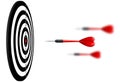 Vector red dart arrows flying to target dartboard. Metaphor to target success, winner concept. Isolated on white background.