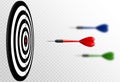 Vector red dart arrows flying to target dartboard. Metaphor to target success, winner concept. Isolated on white transparent