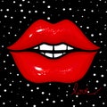 Vector Red female lips. Glow and vivid design. Sweet kiss. Glamo