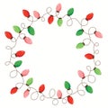 Vector Red and Green Holiday Christmas and New Year Intertwined String Lights Isolated Round Frame on White Background