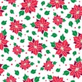 Vector red, green poinsettia flower and holly berry holiday seamless pattern background. Great for winter themed Royalty Free Stock Photo