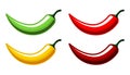 Vector red, green, yellow chili peppers icons set isolated on white background.