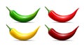 Vector red, green, yellow chili peppers icons set isolated on white background.