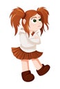 Vector red-haired girl is standing serious. Ginger schoolgirl vector