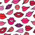 Vector red hand drawn kisses lips seamless