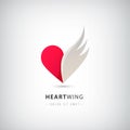 Vector red heart half logo with wing. Abstract icon concept, freedom, love, support