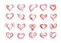 Vector red hearts set icons. Various options of creative heart drawings, valentine's day concept.