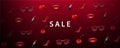 Vector red horizontal background for Valentine`s Day sale, Women`s Day. Realistic lips, glasses, cherries, lipstick, shoes. Wome