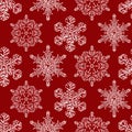 Vector red monochrome rows of large snowflakes seamless background. Suitable for textile, gift wrap and wallpaper. Royalty Free Stock Photo