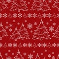 Vector red monochrome sparkling christmas tree and rows of snowflakes seamless background. Suitable for textile, gift Royalty Free Stock Photo