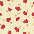 Vector red orange hand drawn wild flowers rose ditsy on light seamless pattern. Retro floral background print. Royalty Free Stock Photo