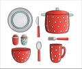 Vector red polka dot pot, bowl, mug, dinner ware. Kitchen tool icons isolated on white background. Cartoon style cooking equipment Royalty Free Stock Photo
