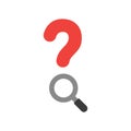 Vector red question mark with magnifier on white with flat design style. Royalty Free Stock Photo
