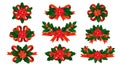 Vector red ribbons with traditional christmas and new year decoration with holly, satin bows and poinsettia flowers Royalty Free Stock Photo