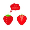 Vector Red Ripe Strawberry Whole and Half Cut. Thought or Think Bubble. Flat Style Illustration Royalty Free Stock Photo