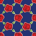 Vector Red Roses Floral with Green Leaves on Bright Blue Background Seamless Repeat Pattern. Background for textiles Royalty Free Stock Photo