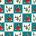 Vector Red Roses with Green Leaves on Green and White Squares Seamless Repeat Pattern. Background for textiles, cards Royalty Free Stock Photo