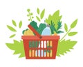 Vector red shopping basket with products icon isolated on background with green leaves. Plastic shop cart with vegetables, fruit, Royalty Free Stock Photo