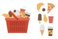 Vector red shopping basket with products icon isolated on white background. Plastic shop cart with sweets, pastry and fast food. Royalty Free Stock Photo