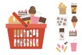 Vector red shopping basket with products icon isolated on white background. Plastic shop cart with sweets and pastry. Unhealthy Royalty Free Stock Photo