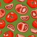 Vector red tomatoes seamless pattern. Hand drawn whole, sliced and half cut fresh tomato vegetables on green background. Food Royalty Free Stock Photo