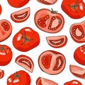 Vector red tomatoes seamless pattern. Hand drawn whole, sliced and half cut fresh tomato vegetables isolated on white background. Royalty Free Stock Photo