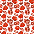 Vector red tomatoes seamless pattern. Hand drawn whole, sliced and half cut fresh tomato vegetables isolated on white Royalty Free Stock Photo