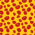 Red open tomatoes seamless repeat pattern on yellow mustard background