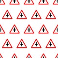 Vector red triangle traffic attention sign seamless pattern. Warning crossroads ahead traffic symbol Royalty Free Stock Photo