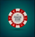 Vector red white casino poker chip with luminous light elements. Blue green background. Poker club text, blackjack