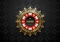 Vector red white casino poker chip with luminous light elements and golden crown wreath frame. Black silk geometric card suits Royalty Free Stock Photo