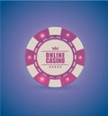 Vector red white casino poker chip with luminous light elements. Purple retro effect background. Poker club text, blackjack