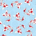 Vector red and white japanese koi fish in pond seamless pattern background on blue water surface Royalty Free Stock Photo
