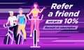 Vector Refer a friend discount,banner with group of people on exercycles in spinning class