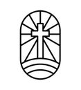 Vector religion line cross on half round earth and rays. Jesus Christ logo icon illustration. Lord on Calvary is center