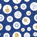 Hanukkah Blue Elements Textured vector repeat pattern background Royalty Free Stock Photo