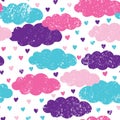 Vector repeat pattern with cute colorful clouds and little hearts.