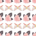 Vector repeat seamless pattern with butterflies and roses