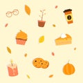 Vector repeated autumn pattern with autumn elements: foliage, pimpkin cupcake glasses coffee candle plant cookies on