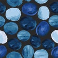 Vector repeating patern, wattercolor stones in shades of blue on black background