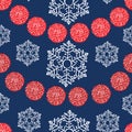 Vector repeating pattern, red and white pom pom girlande and snowflakes. BLue background. Royalty Free Stock Photo