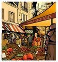 Vector representation of Fresh healthy bio fruits and vegetables market in Montmatre, Paris