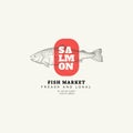 Vector Restaurant and Seafood isolated logo template. Seafood graphic sign with salmon fish in sketch style Royalty Free Stock Photo