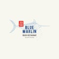 Vector Restaurant and Seafood logo with name and graphic sign Blue Marlin. Fish illustration in sketch style, badge for