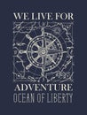 Retro travel banner with ship wheel and wind rose Royalty Free Stock Photo