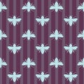 Vector Retro Bees Shapes on Plum Stripes seamless pattern background.