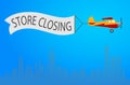 Vector retro biplane with wavy banner for store closing illustration. Template flyer, design element for closing down clearance s
