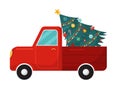 Vector retro car with christmas tree isolated on white background. Christmas holidays, icon for postcard template Royalty Free Stock Photo