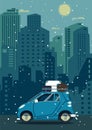 Vector retro car with house background. Tourism trendy flat design.